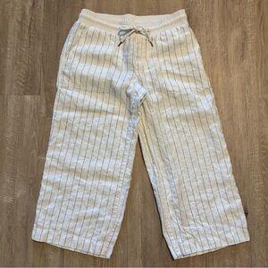 Athleta Bali Linen Crop Pants Women’s 10 White Gray Striped Drawstring Casual